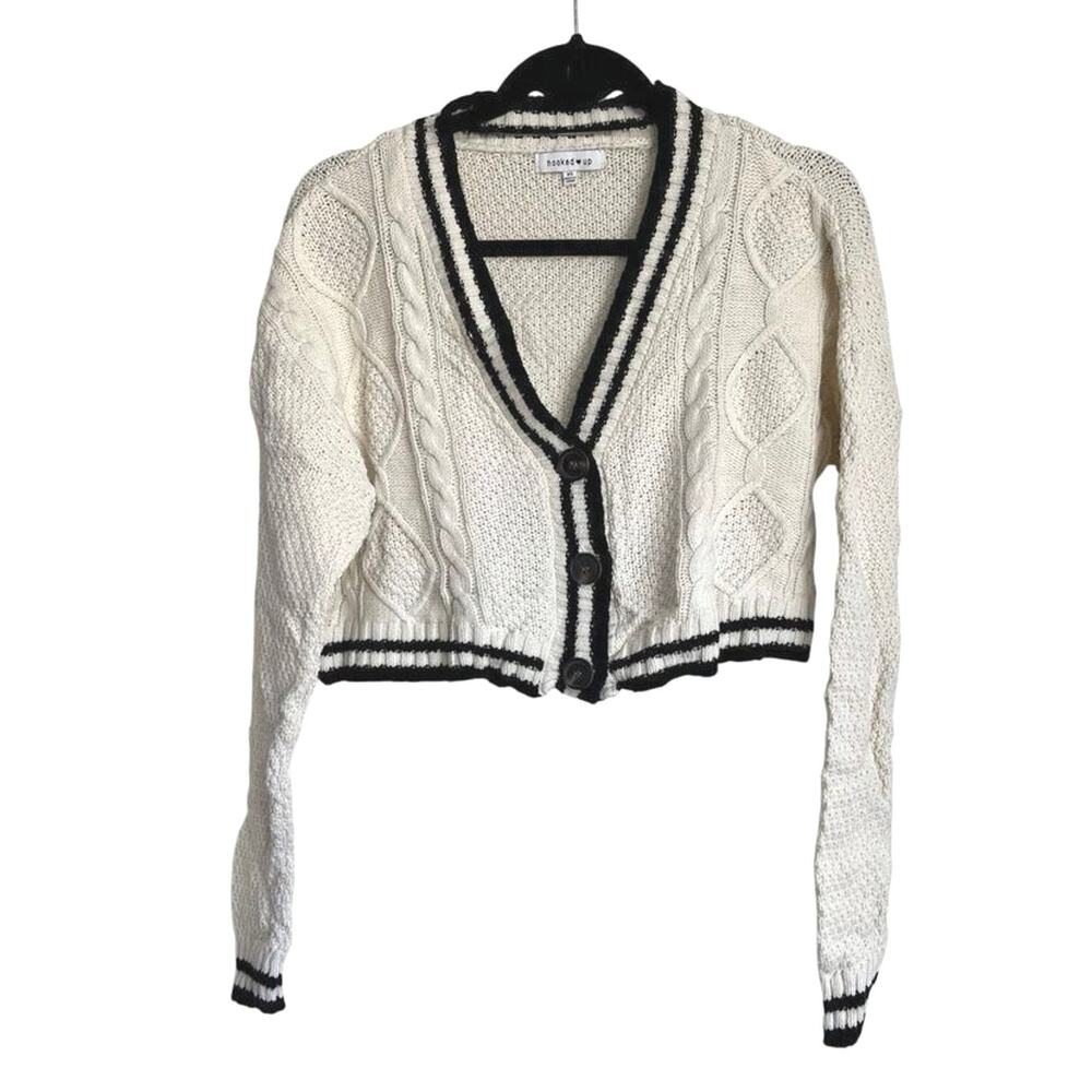 Hooked Up Cropped Cardigan XS Cream‎ Black Trim Cable Knit Cotton Sweater NWOT